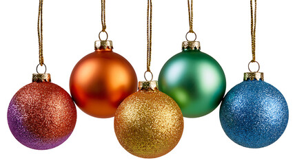 Obraz premium Colorful christmas ornaments hanging from gold strings on white background