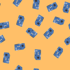 Fototapeta premium pattern semiconductor microcontroller cartoon. processor microchip, arduino abstract, pcb motherboard semiconductor microcontroller sign. seamless vector illustration