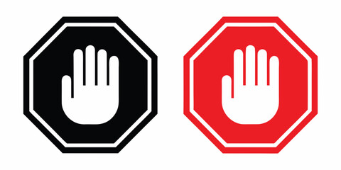 Octagonal Stop Signs With Hand Symbol Black And Red Versions © Nirob