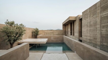 Fototapeta premium Swimming pool sits adjacent to a raw concrete structure with minimalist design elements and desert landscaping.