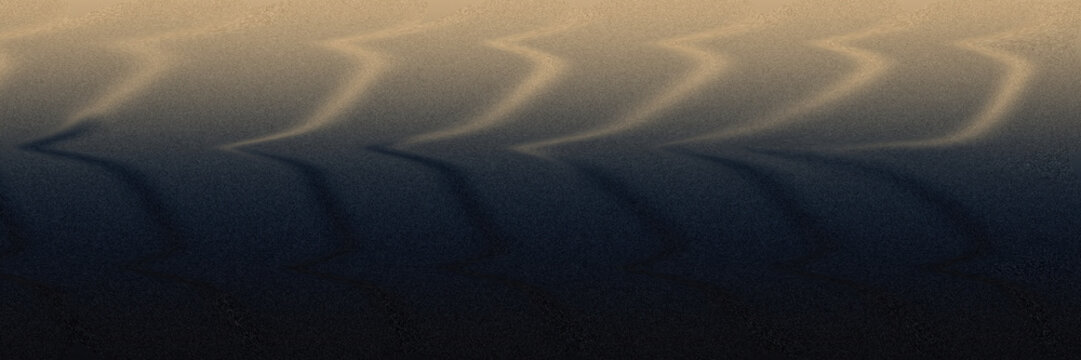 Abstract sand dunes at twilight, minimalist desert landscape with golden light and deep blue shadows, wavy sand ripples texture