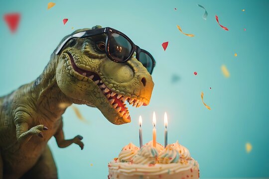 Funny T-Rex Dinosaur Wearing Sunglasses Looking at Birthday Cake with Candles and Confetti Party 3D Render Scene