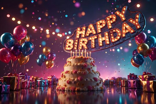 Glowing Happy Birthday marquee sign with cake, balloons, confetti and gifts, festive party celebration background