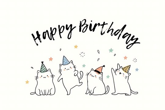 Hand drawn Happy Birthday greeting card with cute cats wearing party hats, minimalist line art illustration on white background