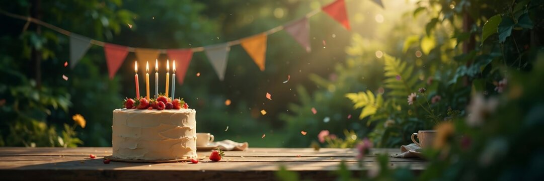 Outdoor Birthday Cake Celebration with Candles, Strawberries and Bokeh Garden Party Festive Background
