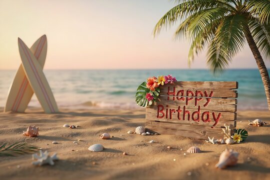 Happy Birthday tropical beach scene with wooden sign, ocean sunset, palm trees and surfboard festive 3D render background