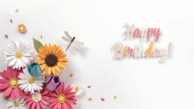 Paper cut Happy Birthday greeting with colorful 3D flowers and dragonfly on white background festive card design