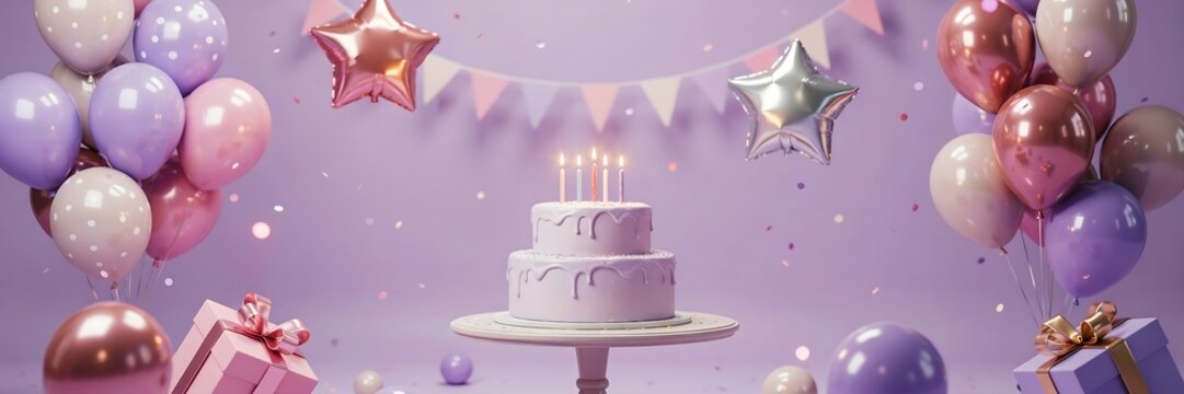 Pastel Purple Birthday Celebration Scene with Cake, Balloons, Confetti and Gift Boxes, Festive 3D Render Background