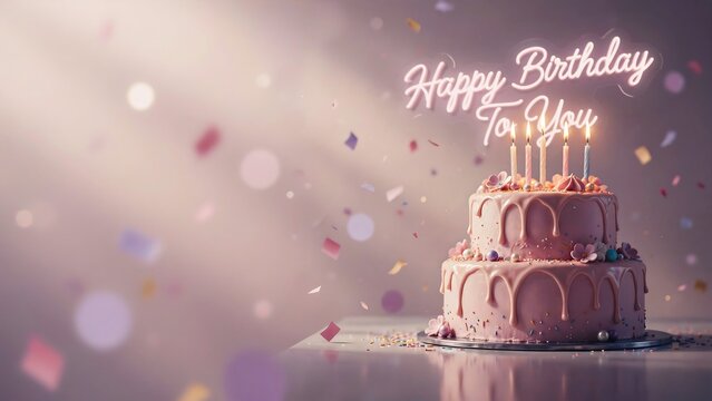 Pink birthday cake with candles and neon Happy Birthday To You text, confetti festive pastel background