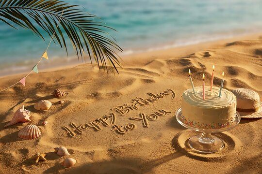 Beach Birthday Celebration with Cake on Sand, Ocean Shore, Palm Leaves and Happy Birthday Written in Sand Tropical Summer Scene