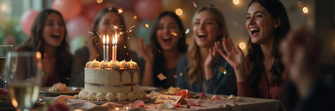 Ultrawide birthday celebration with friends cheering around cake, candles, confetti and festive dinner party