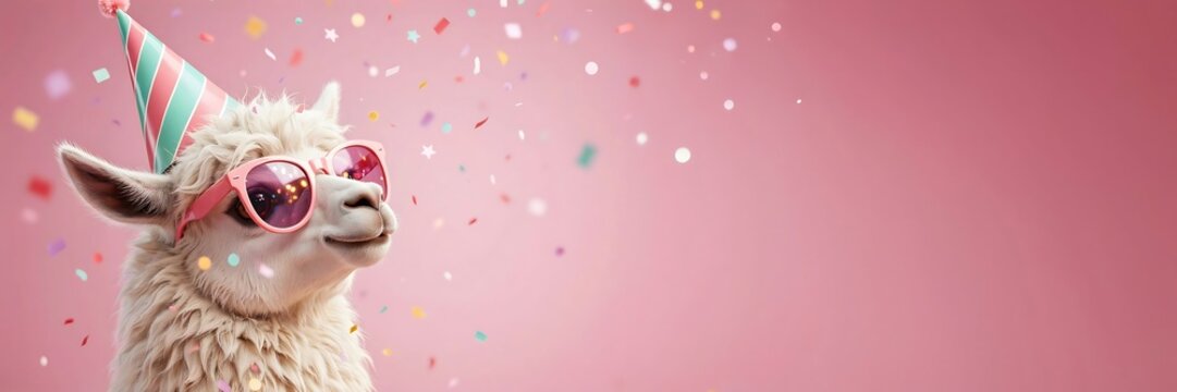 Cute alpaca wearing sunglasses and party hat with confetti on pink background, birthday celebration 3D render