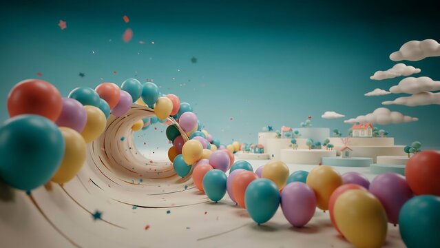 Colorful Balloon Tunnel Abstract 3D Render with Confetti, Festive Party Celebration Background and Copy Space