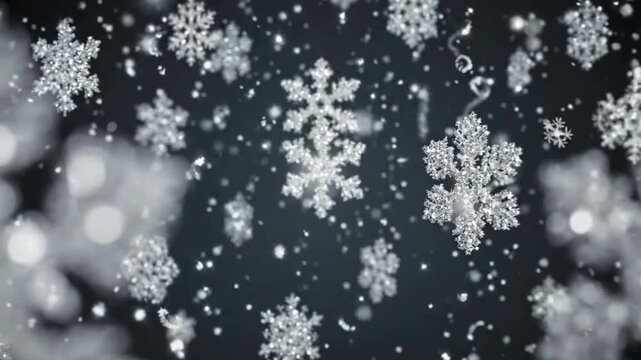 Close-up of Falling Snowflakes on Dark Background.