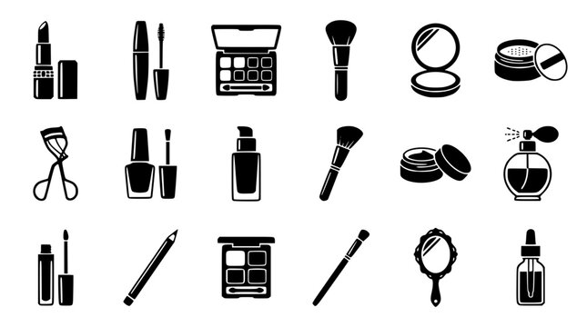 Black and white vector graphic illustration of various makeup products