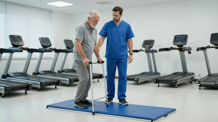 Fototapeta premium A physiotherapist guides an elderly patient using a walker on a blue mat during rehabilitation, with treadmills in the background.