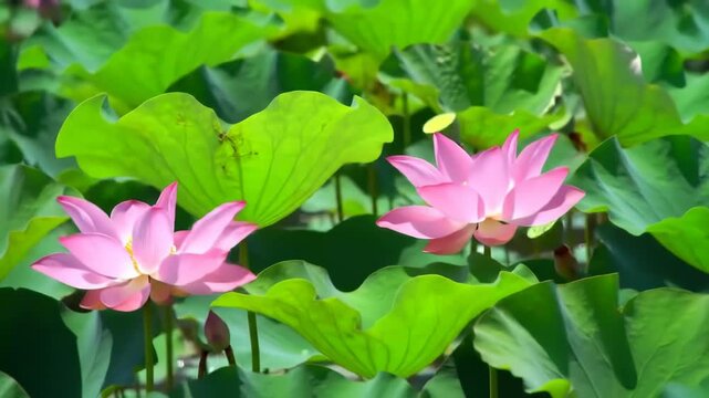 Close up of two pink lotus blossoms blooming in a pond surrounded by lush green foliage and large lily pads. Factual view of aquatic Nelumbo nucifera flowers in natural light.