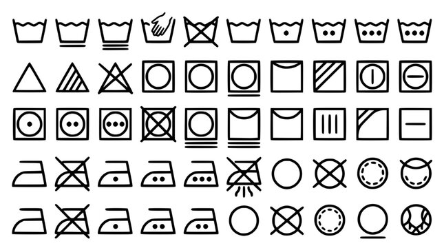 Black and white vector graphic illustration of laundry care symbols
