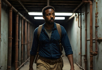 Fototapeta premium Curious man exploring rusty industrial bunker corridor
