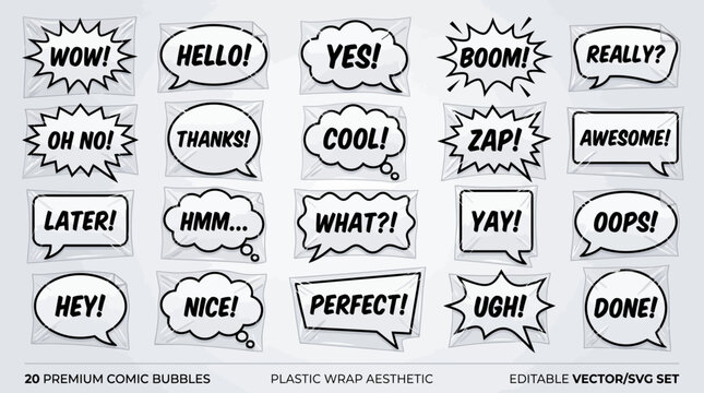 Collection of Comic Book Speech Bubbles with Various Exclamations.