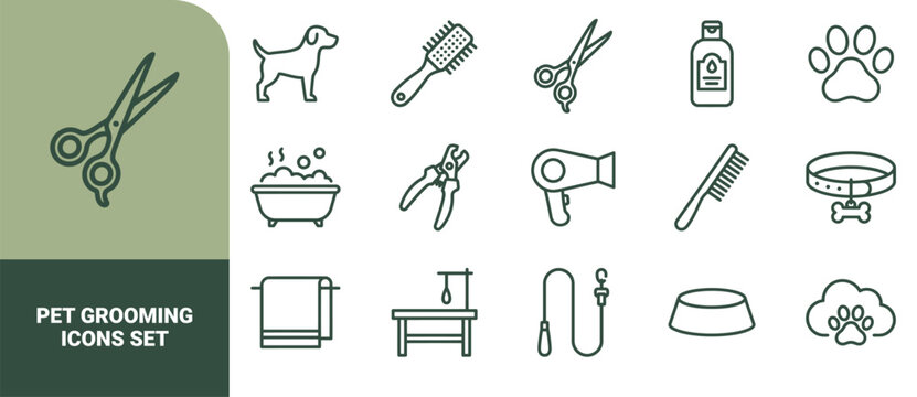 A comprehensive collection of pet grooming featuring scissors, a dog silhouette, shampoo, a bathtub, a comb, a collar, and a grooming table