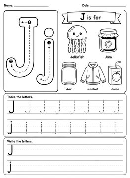 Alphabet Letter Jj Handwriting and Phonics Practice Worksheet with Jellyfish, Jam, Jar, Jacket, and Juice Illustrations