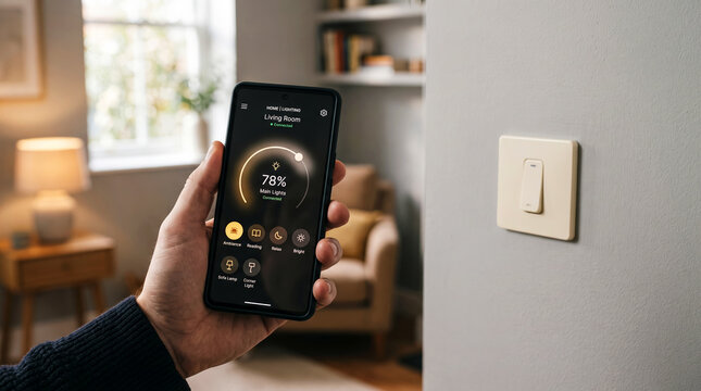 Hand holding smartphone with smart home lighting control app next to wall light switch. Concept of home automation, smart lighting, IoT technology, energy efficiency, connected living, home control