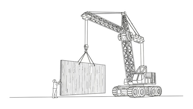 Construction Crane Lifting Prefabricated Wood Panel with Worker Line Art Illustration