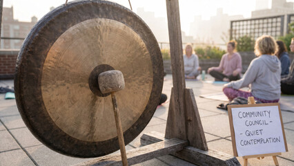 Naklejka premium Bronze gong with soft felt mallet resting on it used to open community council session on roof terrace