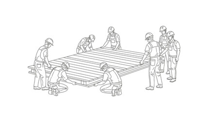 Obraz premium Construction Workers Teamwork Line Art Lifting Large Wooden Floor Panel