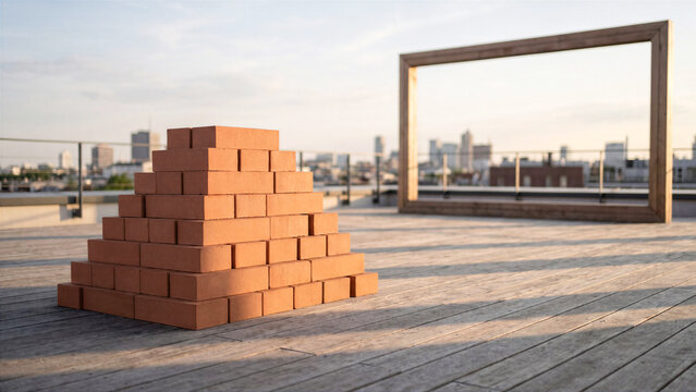 Smooth matte terracotta clay bricks stacked in geometric pyramid layout on penthouse patio