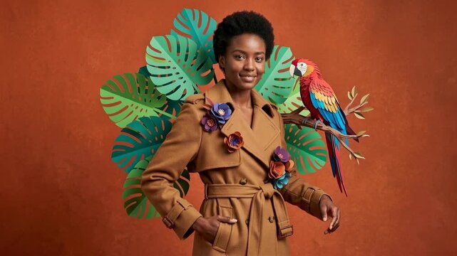 A fashionable Black woman poses confidently with a vibrant paper parrot and lush green monstera leaves against an orange backdrop, embodying a unique style