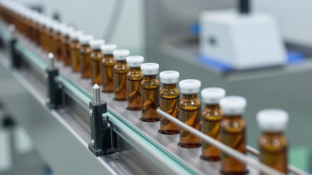 Rows of amber glass vials move along a stainless steel conveyor belt in a cleanroom, representing modern medicine manufacturing and quality control.