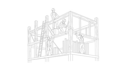Obraz premium Construction workers building wooden house frame line art illustration