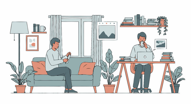 Flat vector illustration of two men working and relaxing in a cozy living room interior.