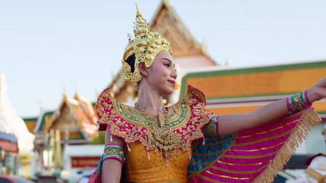 Traditional Thai Khon Dancer Performs Manohra Dance at Wat Suthat Bangkok