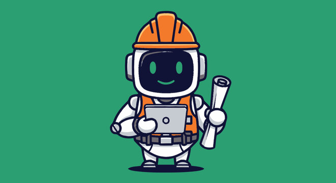 Friendly Cartoon Robot Engineer Holding Blueprints.