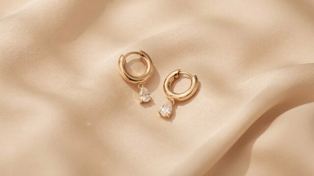 Elegant gold hoop earrings with pearshaped crystal drops on silk fabric