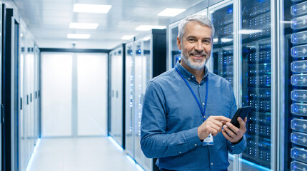 Fototapeta premium Business Engineer in Data Center with Copy Space