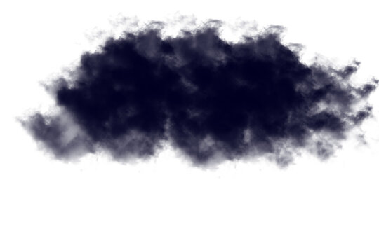 A single dark stormy cumulus cloud with deep navy tones and soft wispy edges floating in the sky isolated as a high quality cutout on transparent background