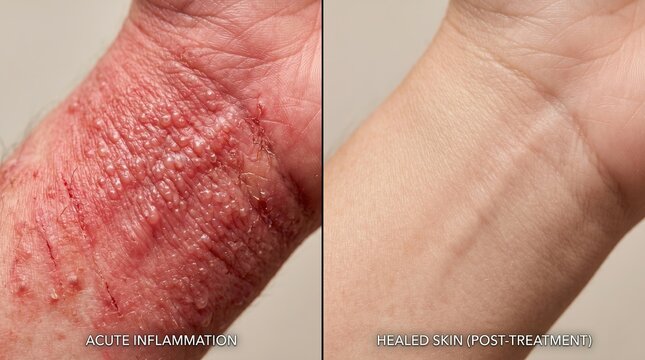 Before and after comparison of acute eczema inflammation and healed skin on wrist