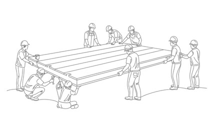 Obraz premium Minimalist Line Art of Construction Team Carrying Large Wooden Platform for Industrial Building Site