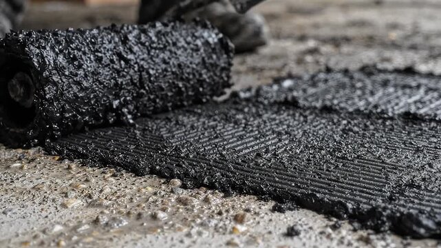 Industrial bitumen waterproofing application on concrete surface. Professional worker using a heavy texture roller to apply thick black sealant for construction insulation and roof maintenance.