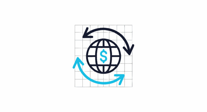 Global money transfer icon showing globe with dollar sign and circular arrows representing international currency exchange.