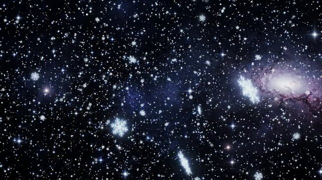 Magical snowflakes falling in deep space galaxy background, christmas winter wonderland motion holiday season cosmic celebration overlay png. ai generated