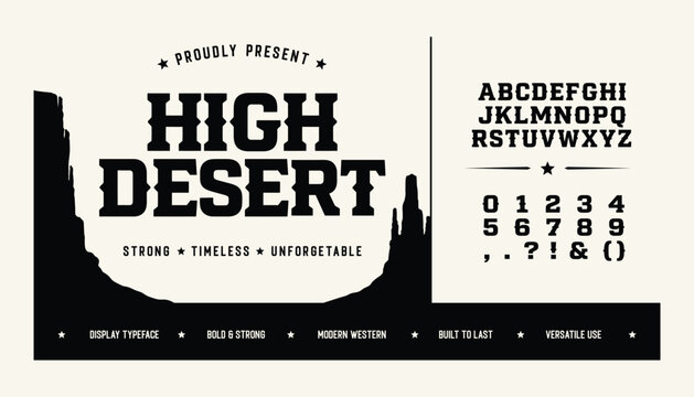 Vintage Western slab serif font with desert silhouette for branding