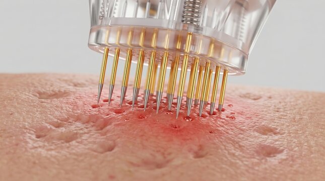 Close up 3D illustration of microneedling device cartridge penetrating acne scar skin