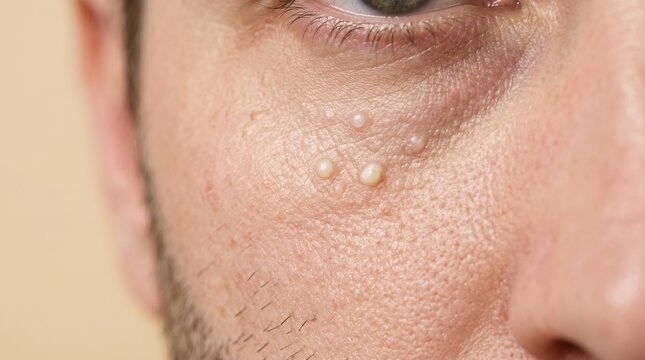 Macro view of closed comedones milia bumps on male cheek under eye