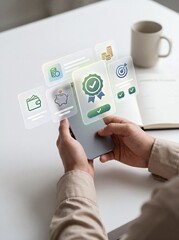 Person using mobile phone financial application with digital icons and verified status for personal banking