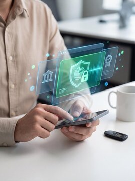 Person using secure mobile banking app with fingerprint authentication overlay for financial protection